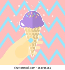 Flat ice cream in hand on abstract background. Vector illustration.