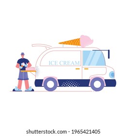 Flat ice cream truck and happy worker vector illustration