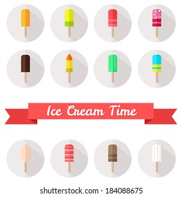 Flat ice cream vector set with ribbon