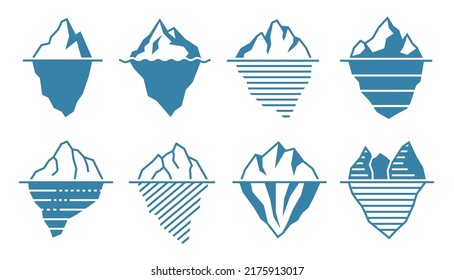 Flat iceberg. Floating acebergs with underwater part and tip, infographic template and arctic glacier vector illustration set. Different glaciers with hidden and visible parts for logo isolated
