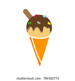 Flat ice-cream vector logo. Cute ice-cream with yellow, pink, blue and green colour sweets isolated on white background.