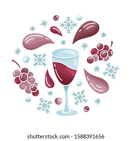 Flat icewine round poster. Cutout glass with grapes, drops and snowflakes. Hand drawn vector drink concept. Color illustration of red wine. Set of isolated icons on white background