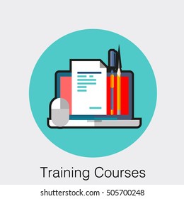 Flat icoan business web element, online education sign, button, logo of Training Courses with laptop, notes paper, computer mouse, pan and pencils