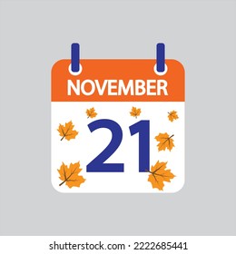 Flat icon 21th of November leaves solated on gray background. Vector illustration.