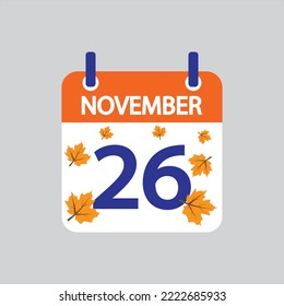 El icono plano 26 de noviembre se deja soltado sobre fondo gris. Ilustración vectorial.
