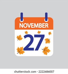 Icono plano 27 de noviembre se deja soltado sobre fondo gris. Ilustración vectorial.