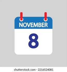 Icono plano 8 de noviembre soleado sobre fondo gris. Ilustración vectorial.