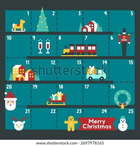Flat Icon Advent Calendar with Christmas Train Santa Gifts Holiday Elements Minimal Winter Vector Illustration