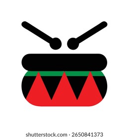 Flat Icon of African Drum with Sticks – Cultural Percussion Instrument Symbol in Red, Black, and Green for Music, Festival, or Kwanzaa Design