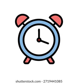 Un icono plano de un reloj despertador, anillo azul claro, acentos rojos sobre un fondo blanco.
