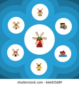 Flat Icon Alternative Set Of Watermill, Power, Propeller And Other Vector Objects. Also Includes Windmill, Waterwheel, Watermill Elements.