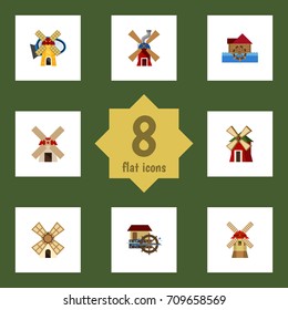 Flat Icon Alternative Set Of Watermill, Wheel, Wind Energy And Other Vector Objects. Also Includes Mill, Farm, Energy Elements.