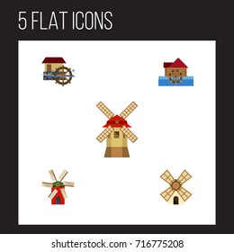 Flat Icon Alternative Set Of Watermill, Windmill, Turbine And Other Vector Objects. Also Includes Ecology, Watermill, Wheel Elements.