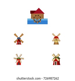 Flat Icon Alternative Set Of Watermill, Rural, Wind Energy And Other Vector Objects. Also Includes Waterwheel, Watermill, Propeller Elements.
