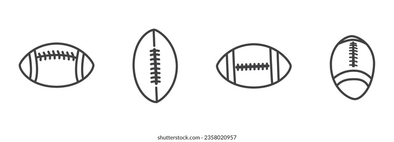 Flat icon of American football ball, American football icon set. Rugby ball icons. Skewed balls. American football ball vector stock illustration. Simple black and white flat design. 