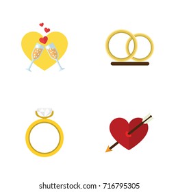 Flat Icon Amour Set Of Engagement, Ring, Celebration And Other Vector Objects. Also Includes Wineglasses, Love, Champagne Elements.