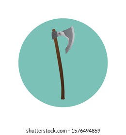 Flat icon of ancient metal weapon ax on green background