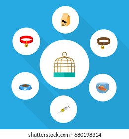 Flat Icon Animal Set Of Bird Prison, Nutrition Box, Hound Necklace And Other Vector Objects. Also Includes Box, Bowl, Collar Elements.