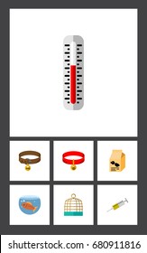 Flat Icon Animal Set Of Bird Prison, Temperature Measurement, Fishbowl And Other Vector Objects. Also Includes Fish, Puppy, Collar Elements.