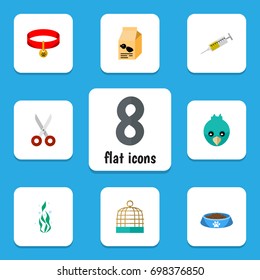 Flat Icon Animal Set Of Bird Prison, Seaweed, Nutrition Box And Other Vector Objects. Also Includes Shears, Cage, Birdcage Elements.