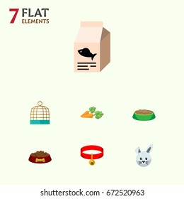 Flat Icon Animal Set Of Bunny, Fish Nutrient, Kitty Collar And Other Vector Objects. Also Includes Cage, Hound, Hare Elements.