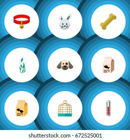 Flat Icon Animal Set Of Bunny, Temperature Measurement, Kitty Collar And Other Vector Objects. Also Includes Birdcage, Bunny, Measurement Elements.