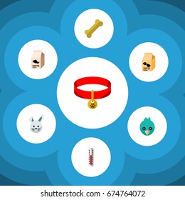 Flat Icon Animal Set Of Bunny, Kitty Collar, Osseous And Other Vector Objects. Also Includes Necklace, Collar, Fish Elements.