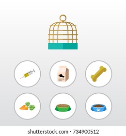 Flat Icon Animal Set Of Cat  Eating, Bird Prison, Rabbit Meal And Other Vector Objects. Also Includes Hare, Cat, Syringe Elements.