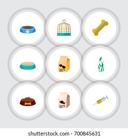 Flat Icon Animal Set Of Dog Food, Osseous, Bird Prison And Other Vector Objects. Also Includes Food, Water, Cat Elements.