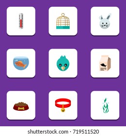 Flat Icon Animal Set Of Dog Food, Sparrow, Fish Nutrient And Other Vector Objects. Also Includes Aquatic, Necklace, Bird Elements.
