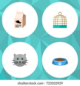 Flat Icon Animal Set Of Fish Nutrient, Kitty, Cat  Eating And Other Vector Objects. Also Includes Food, Birdcage, Prison Elements.