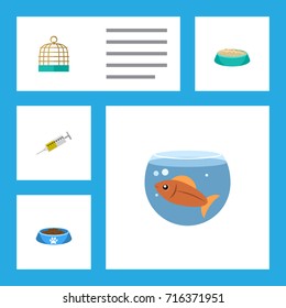 Flat Icon Animal Set Of Fishbowl, Cat  Eating, Vaccine And Other Vector Objects. Also Includes Syringe, Fishbowl, Nutrient Elements.