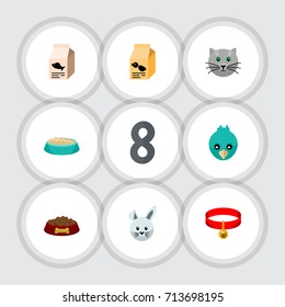 Flat Icon Animal Set Of Kitty Collar, Dog Food, Sparrow And Other Vector Objects. Also Includes Rabbit, Dog, Necklace Elements.