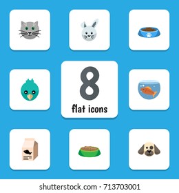 Flat Icon Animal Set Of Kitty, Bunny, Sparrow And Other Vector Objects. Also Includes Bunny, Bird, Food Elements.
