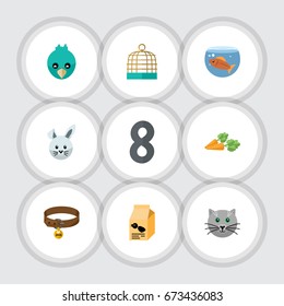 Flat Icon Animal Set Of Nutrition Box, Bird Prison, Fishbowl And Other Vector Objects. Also Includes Dog, Wing, Collar Elements.