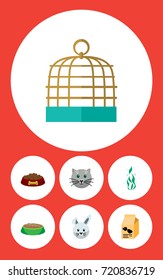 Flat Icon Animal Set Of Nutrition Box, Seaweed, Kitty And Other Vector Objects. Also Includes Plant, Water, Cage Elements.