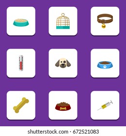 Flat Icon Animal Set Of Osseous, Hound Necklace, Puppy And Other Vector Objects. Also Includes Bird, Osseous, Cage Elements.