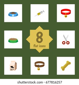 Flat Icon Animal Set Of Rabbit Meal, Shears, Cat  Eating And Other Vector Objects. Also Includes Puppy, Box, Osseous Elements.