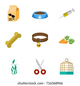 Flat Icon Animal Set Of Root Vegetable, Bird Prison, Seaweed And Other Vector Objects. Also Includes Vaccine, Collar, Seaweed Elements.