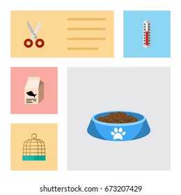 Flat Icon Animal Set Of Shears, Bird Prison, Fish Nutrient And Other Vector Objects. Also Includes Box, Measurement, Bowl Elements.