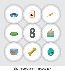Flat Icon Animal Set Of Sparrow, Rabbit Meal, Bird Prison And Other Vector Objects. Also Includes Aquatic, Cage, Fishbowl Elements.