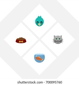 Flat Icon Animal Set Of Sparrow, Fishbowl, Kitty And Other Vector Objects. Also Includes Bird, Aquatic, Kitty Elements.