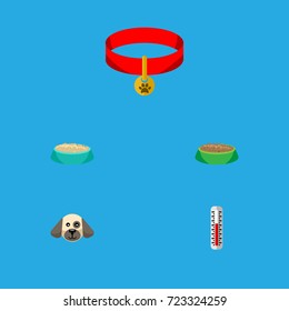 Flat Icon Animal Set Of Temperature Measurement, Puppy, Feeding And Other Vector Objects. Also Includes Hound, Thermometer, Necklace Elements.