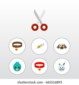 Flat Icon Animal Set Of Vaccine, Sparrow, Kitty Collar And Other Vector Objects. Also Includes Syringe, Shears, Vaccine Elements.
