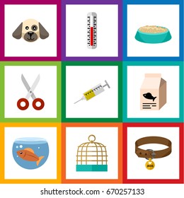 Flat Icon Animal Set Of Vaccine, Bird Prison, Feeding And Other Vector Objects. Also Includes Aquatic, Fishbowl, Fish Elements.