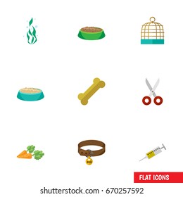 Flat Icon Animal Set Of Vaccine, Feeding, Root Vegetable And Other Vector Objects. Also Includes Bird, Scissors, Osseous Elements.