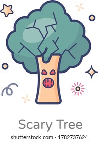 Flat icon of apple scary tree with happy facial expression  