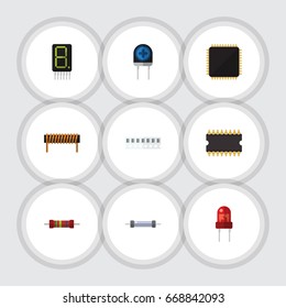 Flat Icon Appliance Set Of Bobbin, Resistance, Recipient And Other Vector Objects. Also Includes Coil, Microprocessor, Copper Elements.