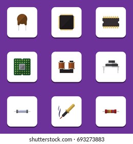 Flat Icon Appliance Set Of Cpu, Microprocessor, Repair And Other Vector Objects. Also Includes Triode, Transistor, Copper Elements.