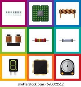 Flat Icon Appliance Set Of Resistance, Unit, Display And Other Vector Objects. Also Includes Random, Coil, Memory Elements.